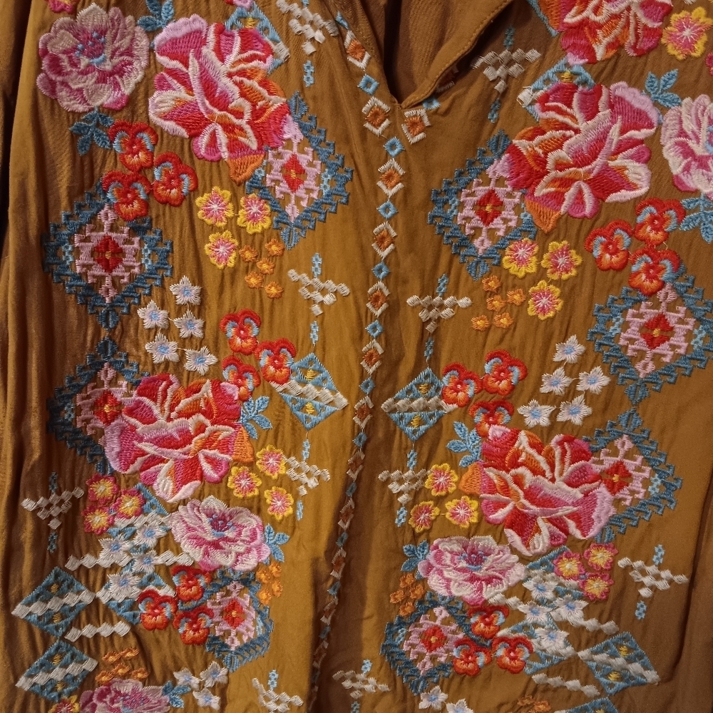 Savanna Jane 1X Mustard Floral Embroidered Buttons Long Sleeve Blouse boho - Picture 2 of 5